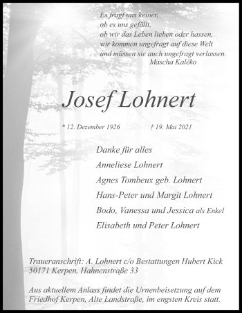 Anzeige von Josef Lohnert von Kölner Stadt-Anzeiger / Kölnische Rundschau / Express