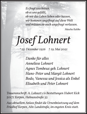 Anzeige von Josef Lohnert von  Werbepost 