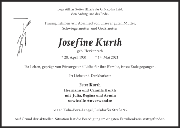 Anzeige von Josefine Kurth von  Kölner Wochenspiegel 