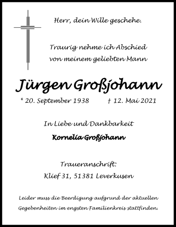 Anzeige von Jürgen Großjohann von Kölner Stadt-Anzeiger / Kölnische Rundschau / Express
