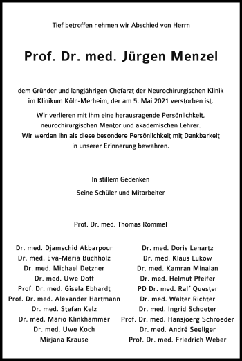 Anzeige von Jürgen Menzel von Kölner Stadt-Anzeiger / Kölnische Rundschau / Express