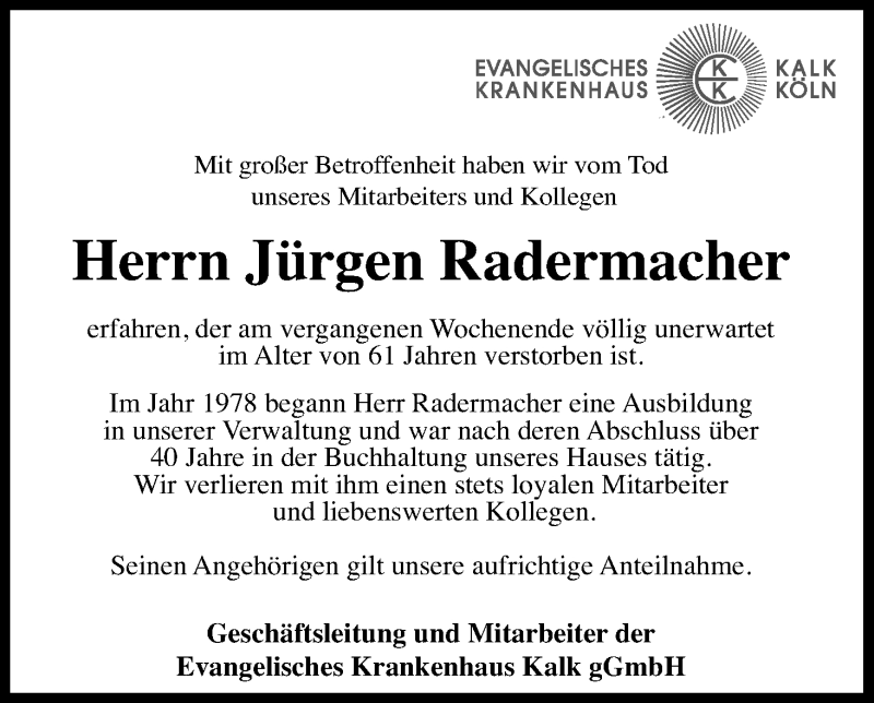  Traueranzeige für Jürgen Radermacher vom 15.05.2021 aus Kölner Stadt-Anzeiger / Kölnische Rundschau / Express