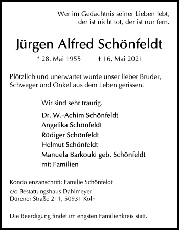 Anzeige von Jürgen Alfred Schönfeldt von Kölner Stadt-Anzeiger / Kölnische Rundschau / Express