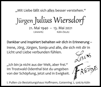 Anzeige von Jürgen Julius Wiersdorf von Kölner Stadt-Anzeiger / Kölnische Rundschau / Express