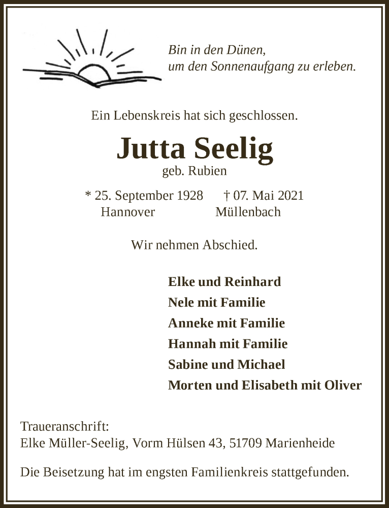  Traueranzeige für Jutta Seelig vom 21.05.2021 aus  Anzeigen Echo 