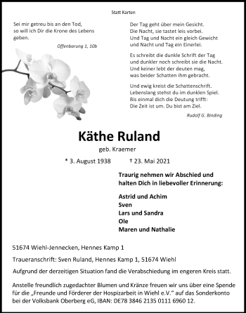 Anzeige von Käthe Ruland von Kölner Stadt-Anzeiger / Kölnische Rundschau / Express