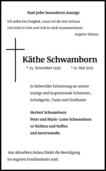 Anzeige von Käthe Schwamborn von Kölner Stadt-Anzeiger / Kölnische Rundschau / Express