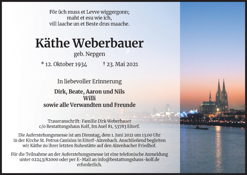  Traueranzeige für Käthe Weberbauer vom 29.05.2021 aus Kölner Stadt-Anzeiger / Kölnische Rundschau / Express