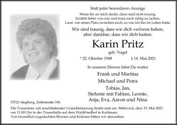 Anzeige von Karin Pritz von Kölner Stadt-Anzeiger / Kölnische Rundschau / Express