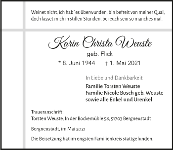 Anzeige von Karin Christa Weuste von  Anzeigen Echo 
