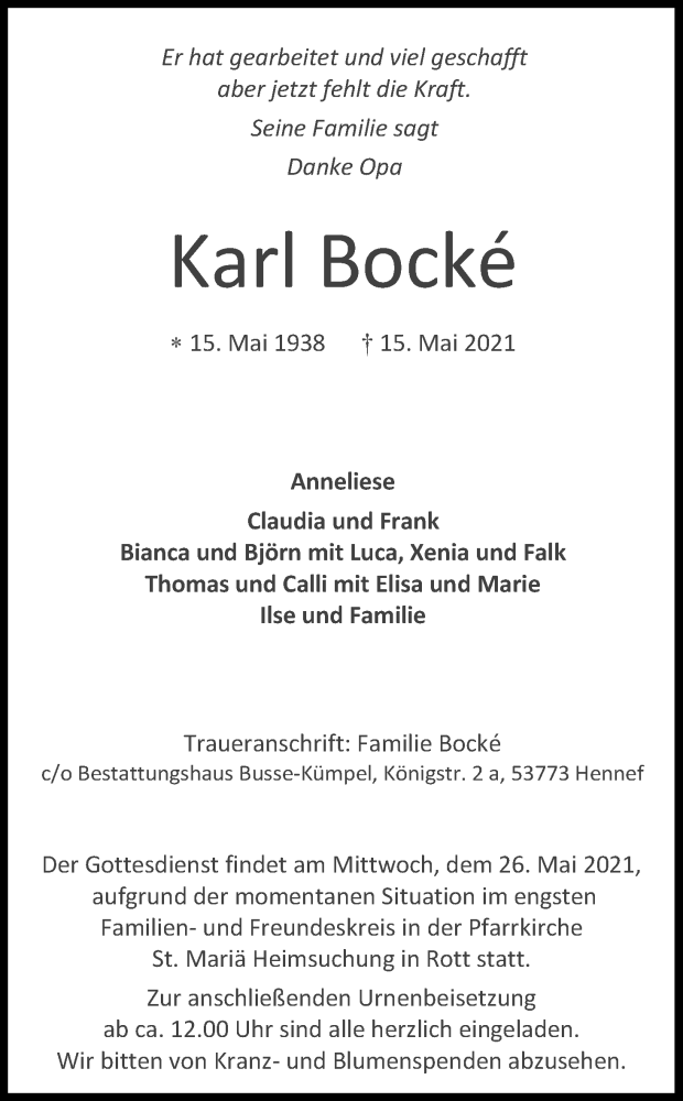 Traueranzeige für Karl Bocke vom 22.05.2021 aus Kölner Stadt-Anzeiger / Kölnische Rundschau / Express