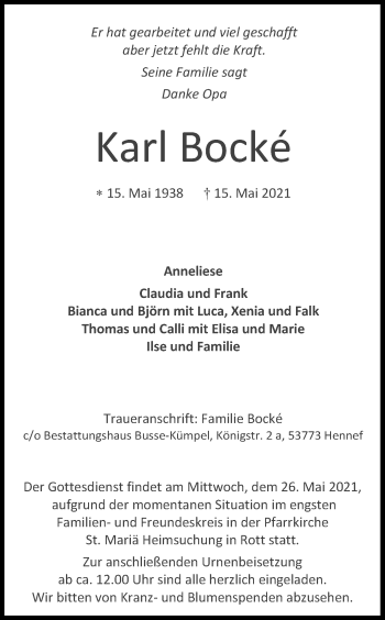 Anzeige von Karl Bocke von Kölner Stadt-Anzeiger / Kölnische Rundschau / Express