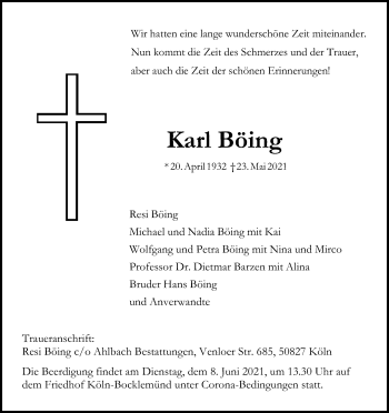Anzeige von Karl Böing von Kölner Stadt-Anzeiger / Kölnische Rundschau / Express