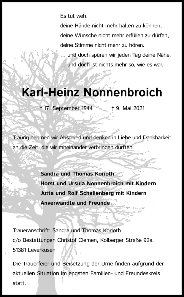  Traueranzeige für Karl-Heinz Nonnenbroich vom 15.05.2021 aus Kölner Stadt-Anzeiger / Kölnische Rundschau / Express