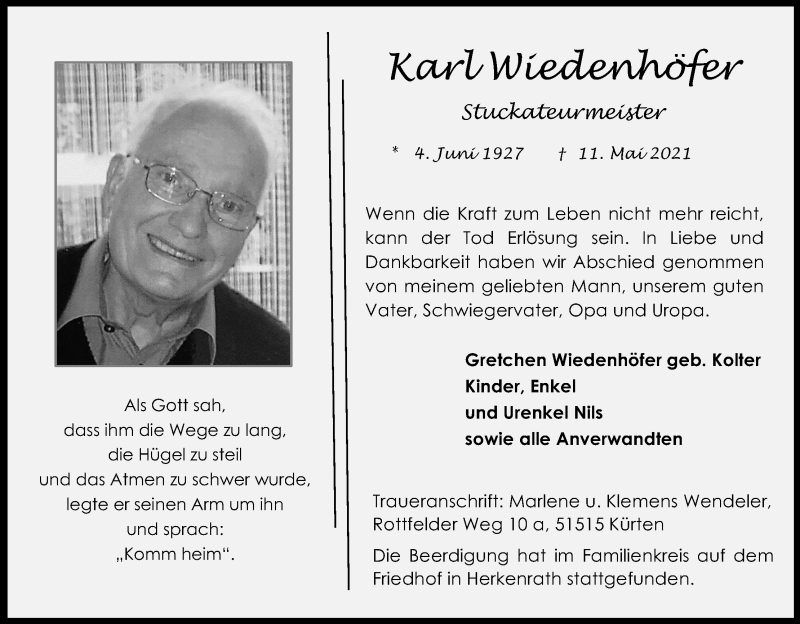  Traueranzeige für Karl Wiedenhöfer vom 22.05.2021 aus Kölner Stadt-Anzeiger / Kölnische Rundschau / Express