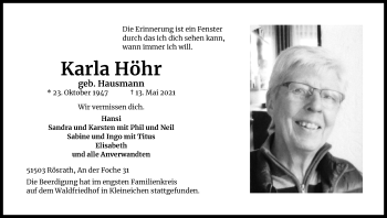 Anzeige von Karla Höhr von Kölner Stadt-Anzeiger / Kölnische Rundschau / Express