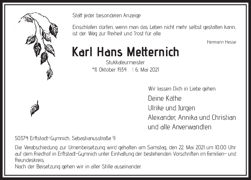  Traueranzeige für Karl Hans Metternich vom 14.05.2021 aus  Werbepost 