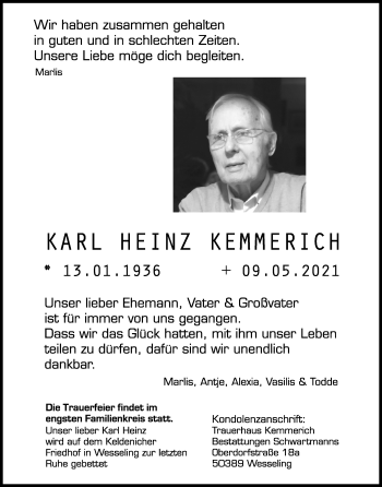 Anzeige von Karl Heinz Kemmerich von Kölner Stadt-Anzeiger / Kölnische Rundschau / Express