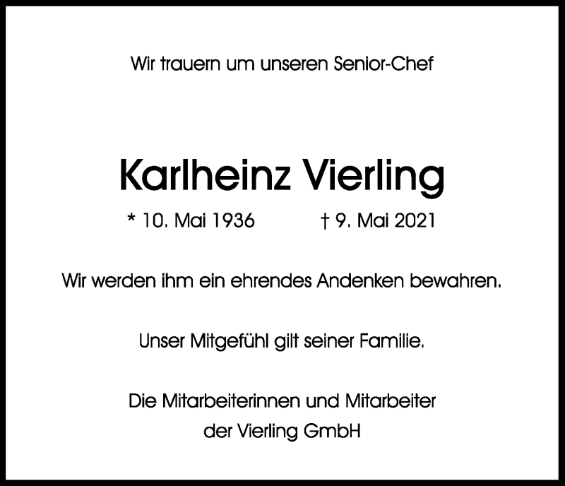  Traueranzeige für Karlheinz Vierling vom 15.05.2021 aus Kölner Stadt-Anzeiger / Kölnische Rundschau / Express