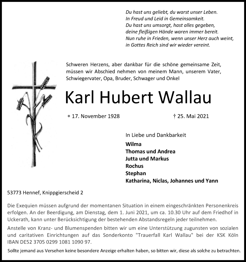  Traueranzeige für Karl Hubert Wallau vom 29.05.2021 aus Kölner Stadt-Anzeiger / Kölnische Rundschau / Express