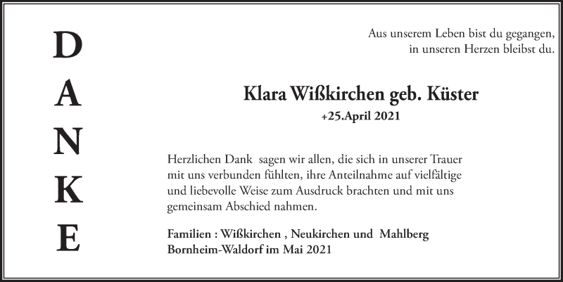  Traueranzeige für Klara Wißkirchen vom 28.05.2021 aus  Schaufenster/Blickpunkt 