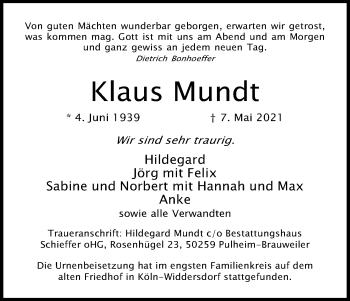 Anzeige von Klaus Mundt von Kölner Stadt-Anzeiger / Kölnische Rundschau / Express