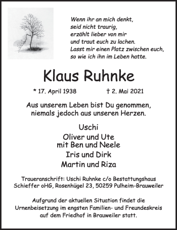 Anzeige von Klaus Ruhnke von  Wochenende 