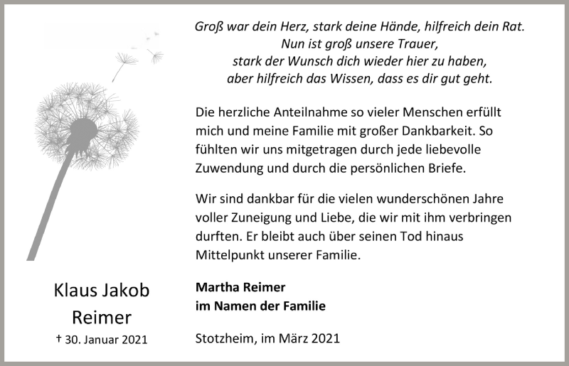  Traueranzeige für Klaus Jakob Reimer vom 20.03.2021 aus  Blickpunkt Euskirchen 