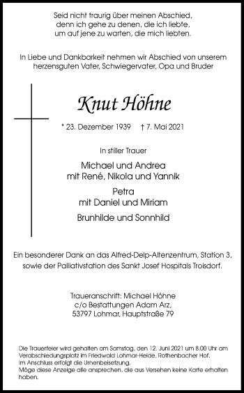 Anzeige von Knut Höhne von Kölner Stadt-Anzeiger / Kölnische Rundschau / Express
