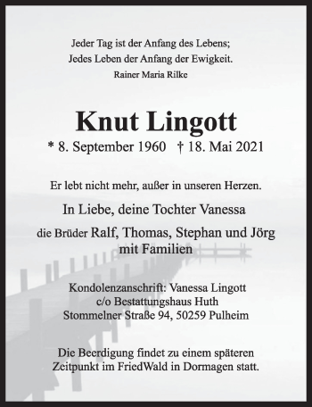 Anzeige von Knut Lingott von  Wochenende 