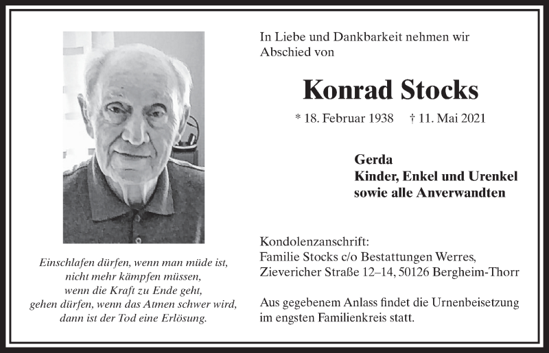  Traueranzeige für Konrad Stocks vom 21.05.2021 aus  Werbepost 