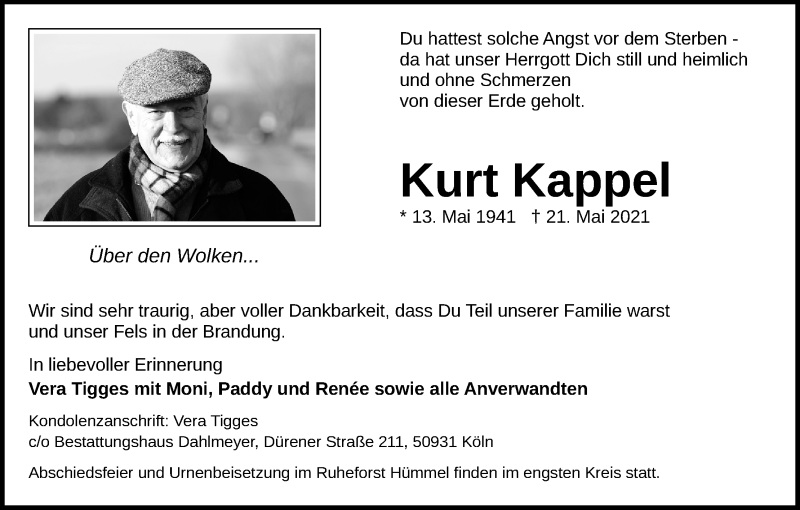  Traueranzeige für Kurt Kappel vom 29.05.2021 aus Kölner Stadt-Anzeiger / Kölnische Rundschau / Express