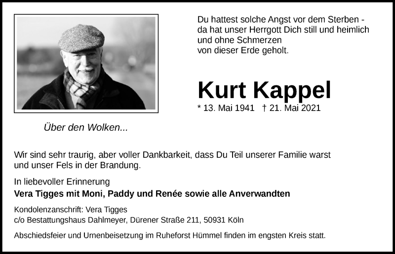  Traueranzeige für Kurt Kappel vom 29.05.2021 aus  Blickpunkt Euskirchen 