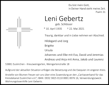 Anzeige von Leni Gebertz von Kölner Stadt-Anzeiger / Kölnische Rundschau / Express