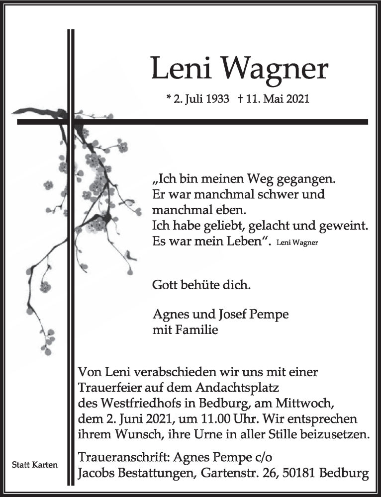  Traueranzeige für Leni Wagner vom 28.05.2021 aus  Werbepost 