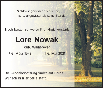 Anzeige von Lore Nowak von Kölner Stadt-Anzeiger / Kölnische Rundschau / Express