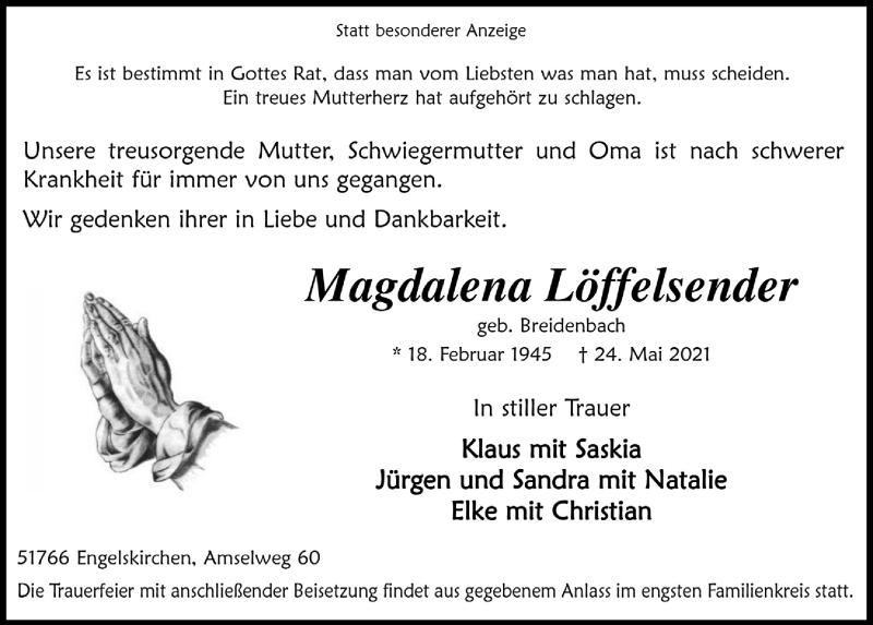  Traueranzeige für Magdalena Löffelsender vom 28.05.2021 aus  Anzeigen Echo 