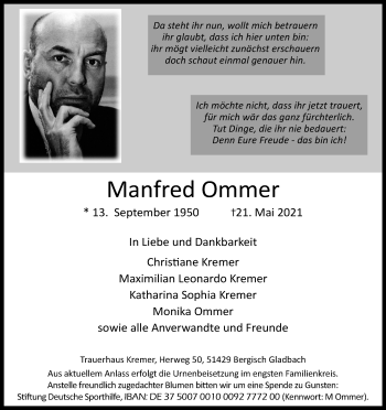 Anzeige von Manfred Ommer von Kölner Stadt-Anzeiger / Kölnische Rundschau / Express