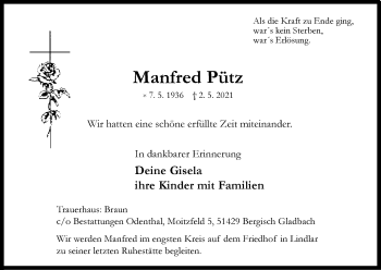 Anzeige von Manfred Pütz von Kölner Stadt-Anzeiger / Kölnische Rundschau / Express