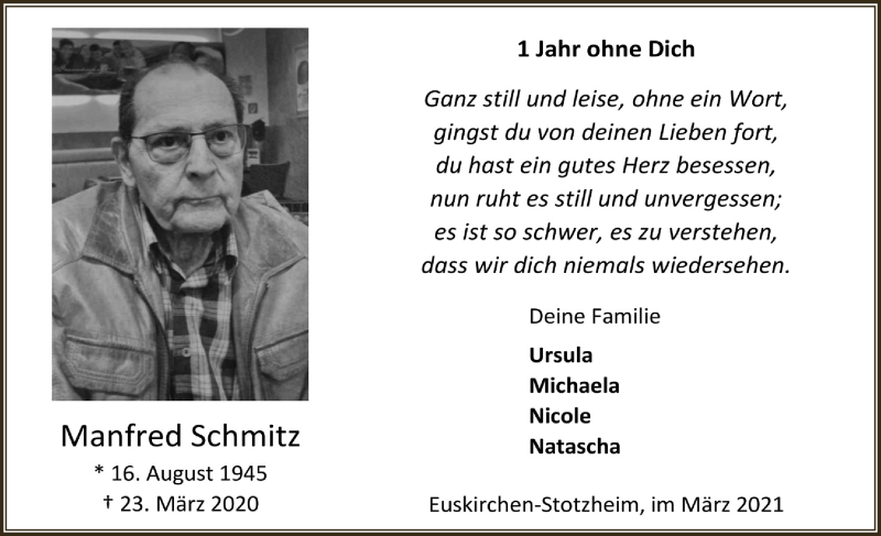  Traueranzeige für Manfred Schmitz vom 20.03.2021 aus  Blickpunkt Euskirchen 