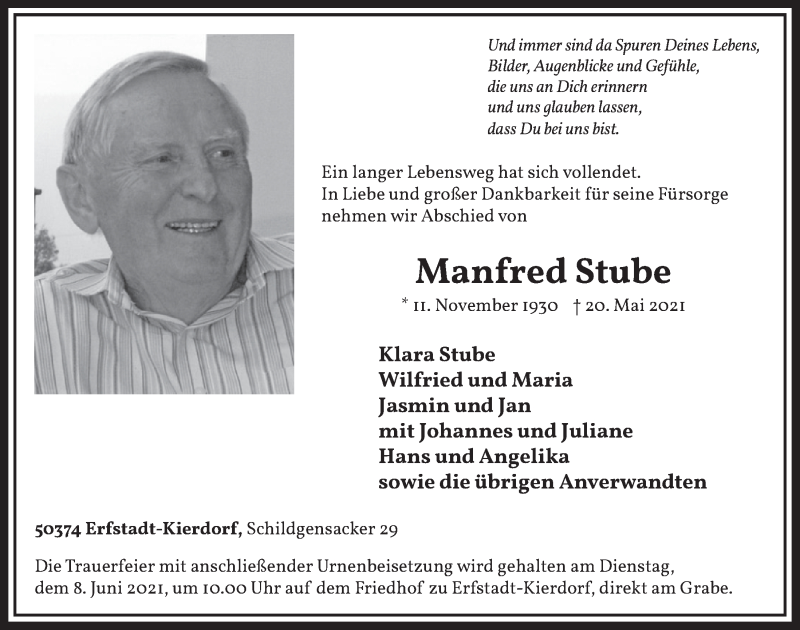  Traueranzeige für Manfred Stube vom 28.05.2021 aus  Werbepost 