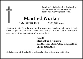 Anzeige von Manfred Würker von Kölner Stadt-Anzeiger / Kölnische Rundschau / Express