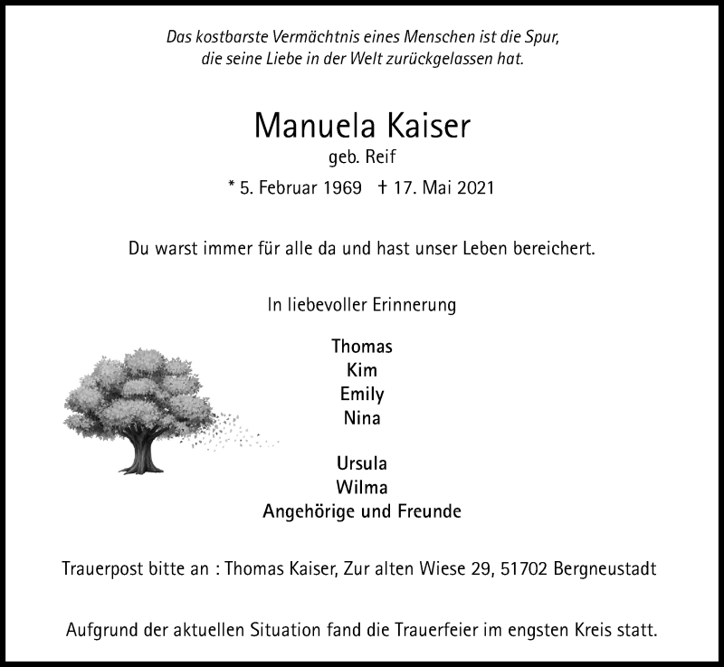  Traueranzeige für Manuela Kaiser vom 01.06.2021 aus Kölner Stadt-Anzeiger / Kölnische Rundschau / Express
