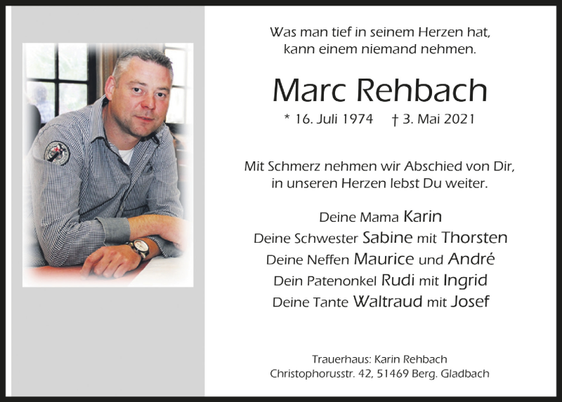  Traueranzeige für Marc Rehbach vom 14.05.2021 aus  Bergisches Handelsblatt 