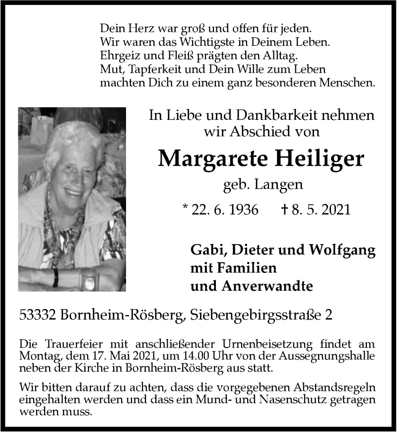  Traueranzeige für Margarete Heiliger vom 14.05.2021 aus  Schaufenster/Blickpunkt 
