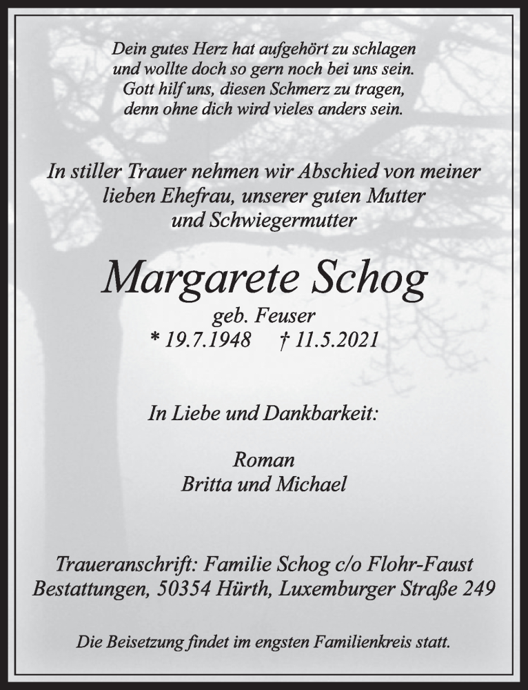  Traueranzeige für Margarete Schog vom 21.05.2021 aus  Werbepost 