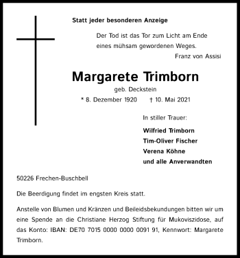 Anzeige von Margarete Trimborn von Kölner Stadt-Anzeiger / Kölnische Rundschau / Express