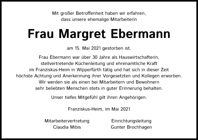  Traueranzeige für Margret Ebermann vom 01.06.2021 aus Kölner Stadt-Anzeiger / Kölnische Rundschau / Express