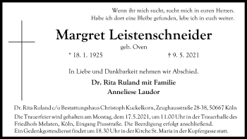 Anzeige von Margret Leistenschneider von Kölner Stadt-Anzeiger / Kölnische Rundschau / Express