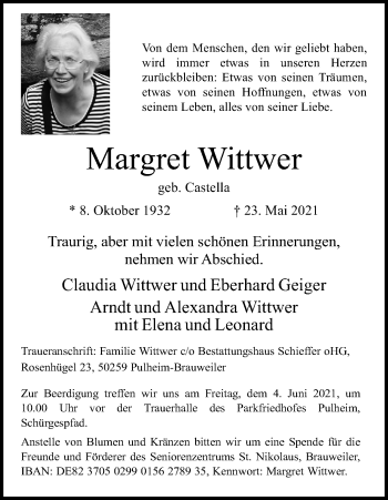 Anzeige von Margret Wittwer von Kölner Stadt-Anzeiger / Kölnische Rundschau / Express